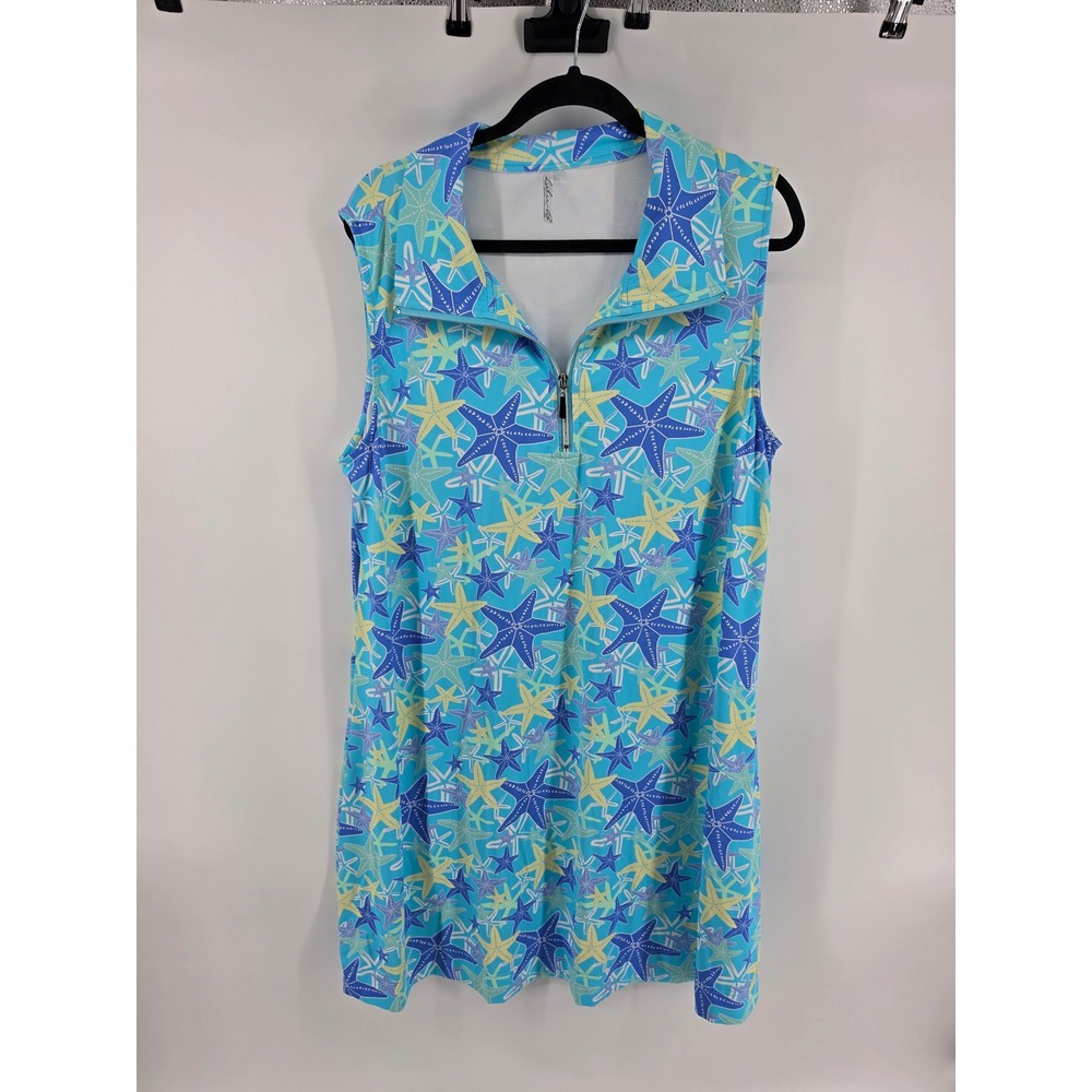 Lulu-B Starfish Print Quarter Zip Sleeveless Golf Tennis Dress Blue Women 1X